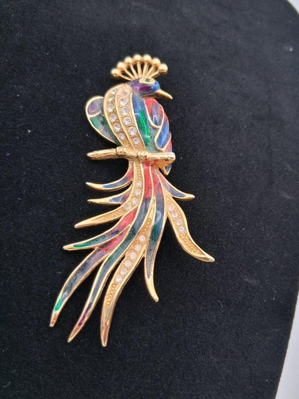Vintage 1980s Large Gold-Tone Enameled Peacock Brooch
